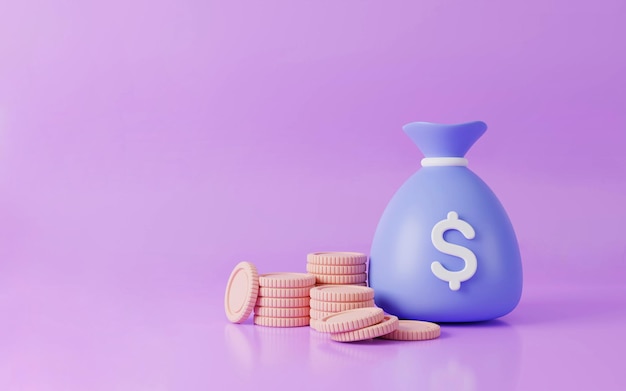 Bolsa de dinero con moneda concepto de inversión financiera ahorro de dinero ilustración de representación 3D