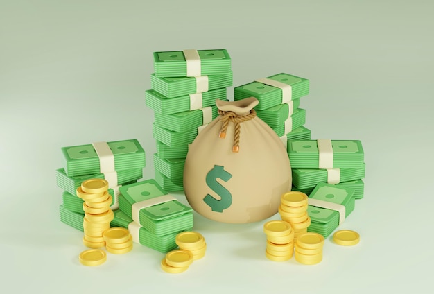 bolsa de dinero y moneda y monedas gráfico de icono 3D