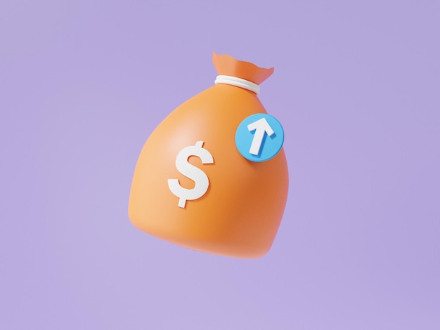 Foto bolsa de dinero naranja icono flotador flecha crecimiento ganar finanzas ahorrar dinero concepto estilo de dibujos animados mínimo sobre fondo púrpura pasel fondo negocio presupuesto financiero copia espacio 3d render ilustración