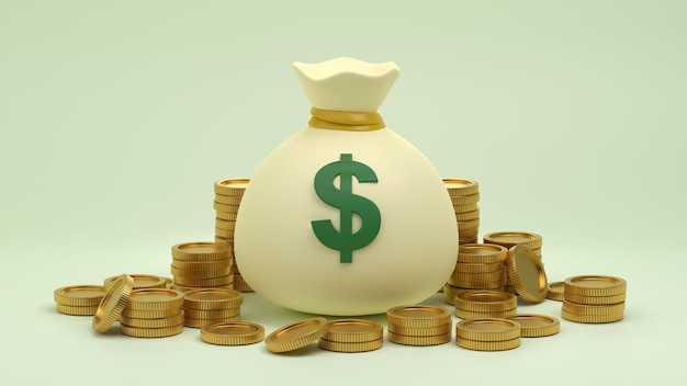 Bolsa de dinero o bolsa entre pilas de monedas de oro sobre fondo verde claro 3D rendering