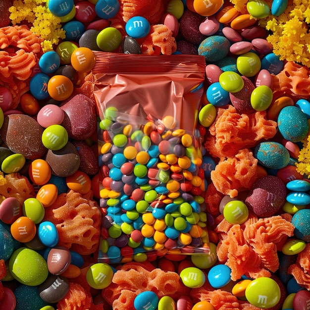 una bolsa de dulces está llena de dulces y tiene una bolsa roja y naranja