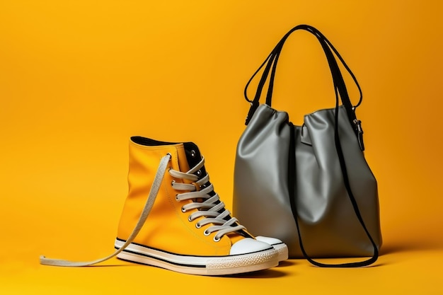 Bolsa e sapatos femininos esportivos Coisas e acessórios femininos da moda Bolsa feminina elegante, tênis ou tênis para uma jovem moderna em um fundo amarelo