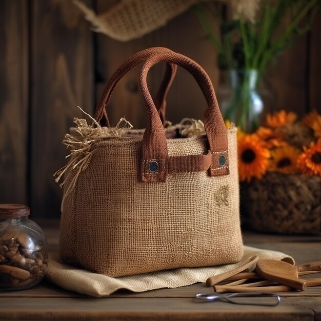 Bolsa ecológica hecha de tela natural comprador de yute en un fondo borroso de madera IA generativa