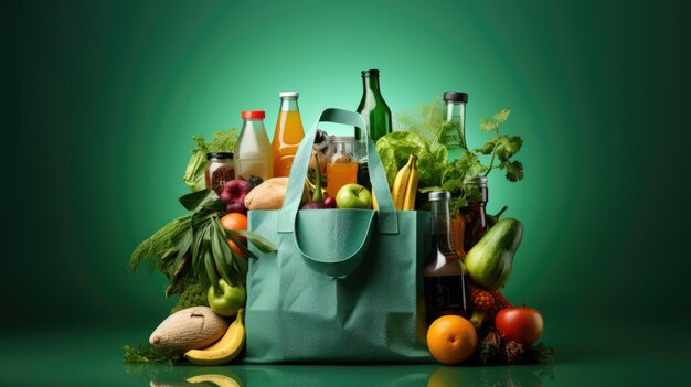 Bolsa ecológica llena de verduras y verduras sobre un fondo verde creada con tecnología de IA generativa