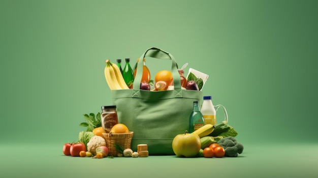 Bolsa ecológica llena de verduras y verduras sobre fondo verde Creado con tecnología de IA generativa