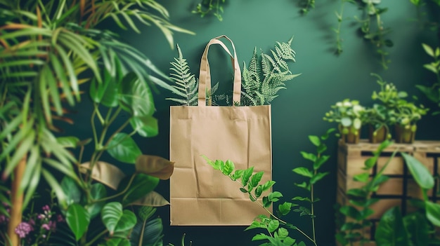 Bolsa ecológica de papel artesanal sobre un fondo verde entre las plantas