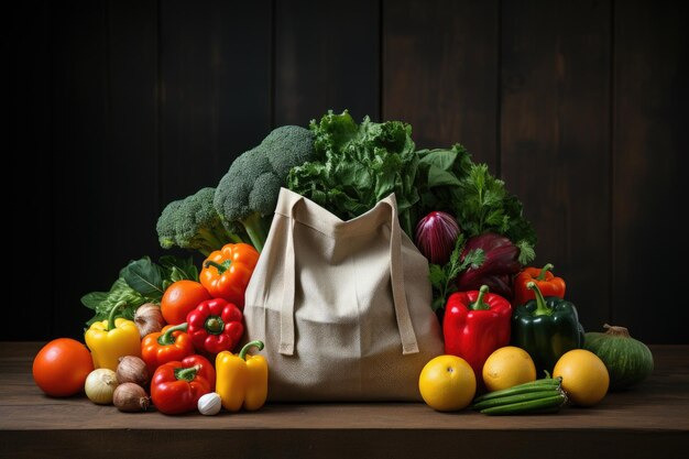 Bolsa ecológica con productos vegetales frutas Cero desperdicio use menos concepto de plástico IA generativa