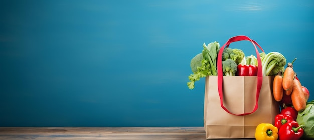 Foto bolsa ecológica con productos y verduras locales en un espacio de fondo azul para el texto