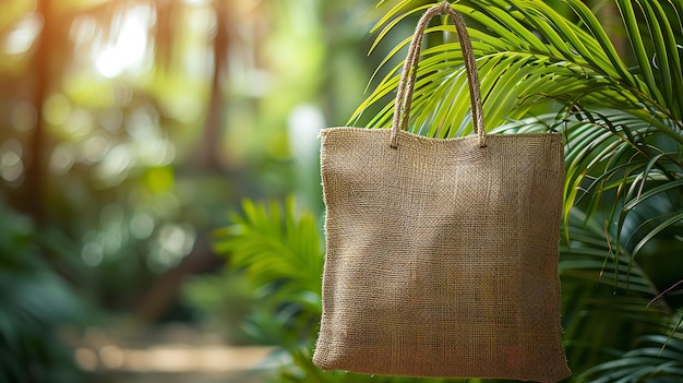 Una bolsa ecológicamente consciente con un telón de fondo natural compilado de fibras orgánicas como el yute y el espacio IA generativa