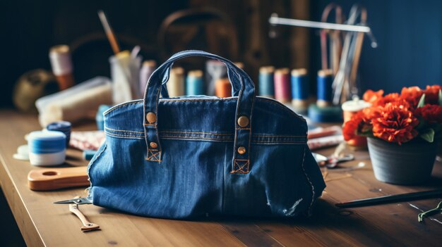 Foto bolsa feita de jeans velhos em alfaiate