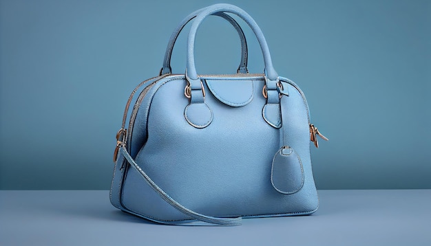 Bolsa feminina bonita e suave na moda em cor azul suave em um fundo de estúdio azul claro Gerar Ai