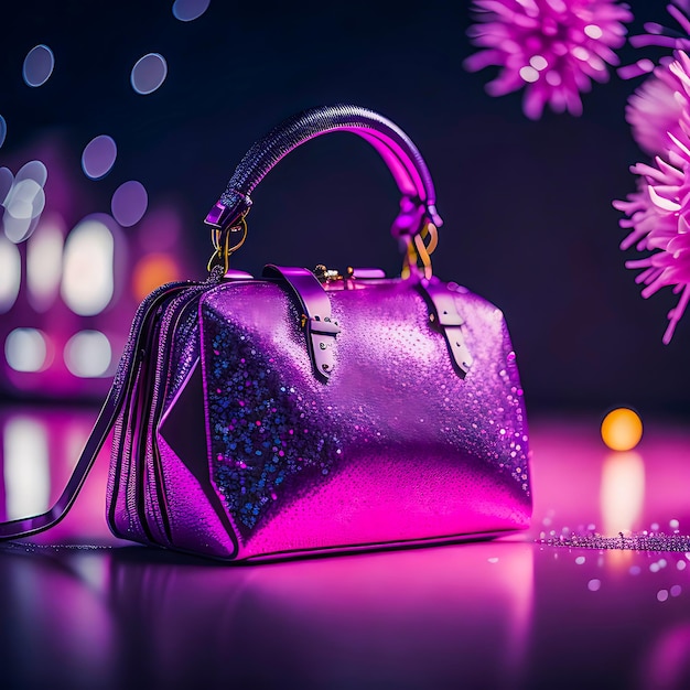 bolsa feminina rosa com muitos brilhos e fundo brilhante de glitter IA generativa