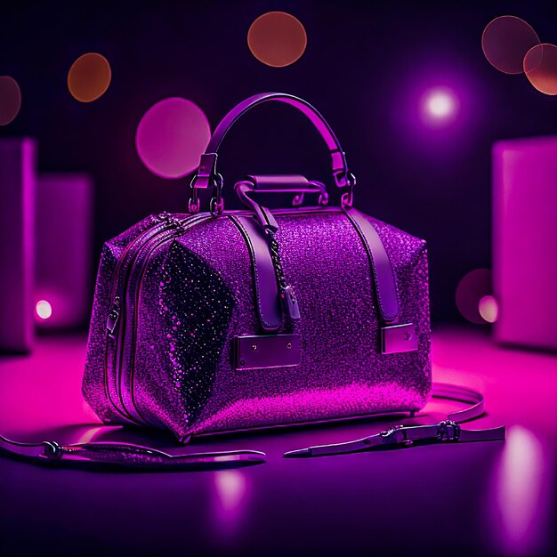 bolsa feminina rosa com muitos brilhos e fundo brilhante de glitter IA generativa