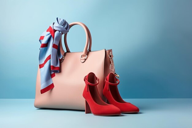 Bolsa feminina, sapatos e lenço de pescoço Coisas e acessórios femininos da moda Bolsa e sapatos femininos bege elegantes Roupas femininas elegantes