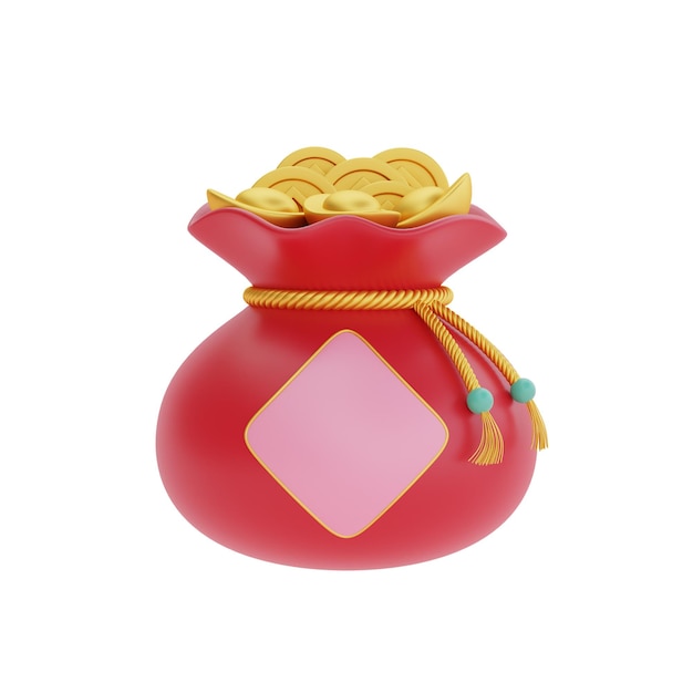 Bolsa de fortuna roja 3D llena de oro y dinero decoración aislada para el año nuevo chino Festivales chinos Lunar CYN elemento 3d renderizado
