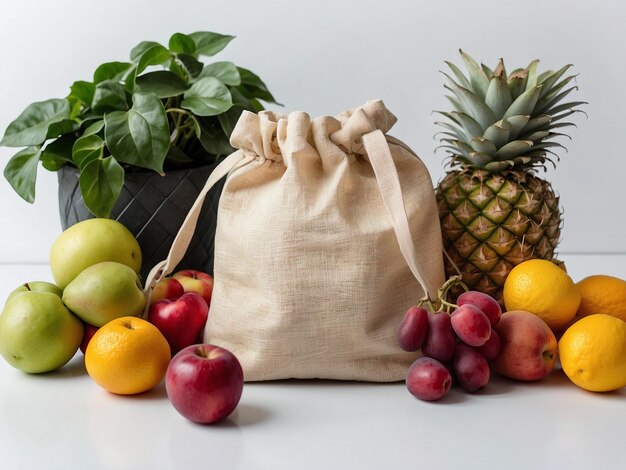 una bolsa de fruta y una piña están al lado de una piña