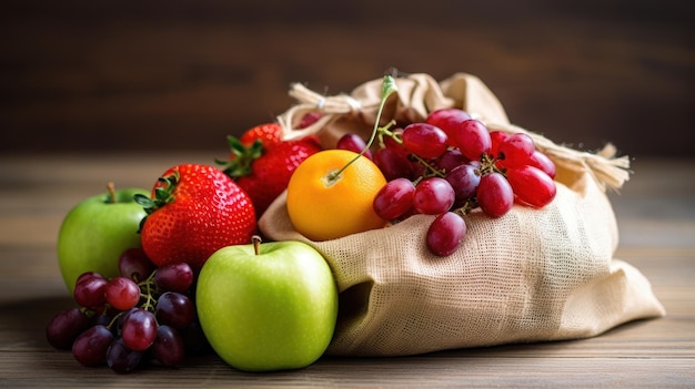 Una bolsa de fruta se sienta en una mesa con fresas y uvas.