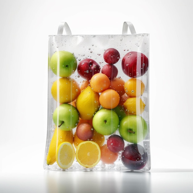 Una bolsa de fruta tiene una tapa de plástico que dice "fruta".