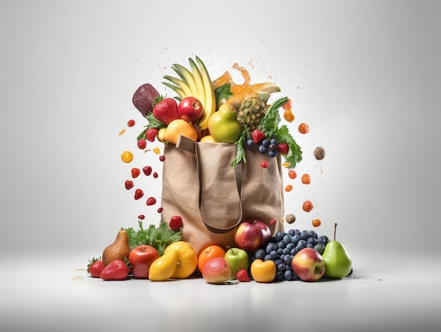 Una bolsa de frutas y verduras con un chorro de agua volando por el aire.