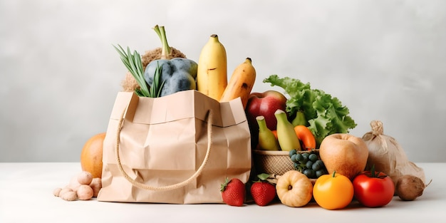 Una bolsa de frutas y verduras está sobre una mesa.