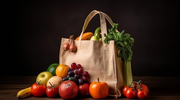 Una bolsa de frutas y verduras sobre una mesa