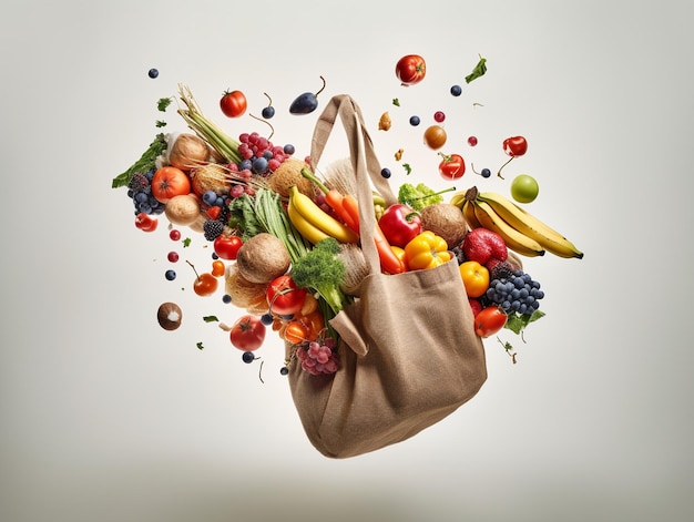 Una bolsa con frutas y verduras vuela por el aire.