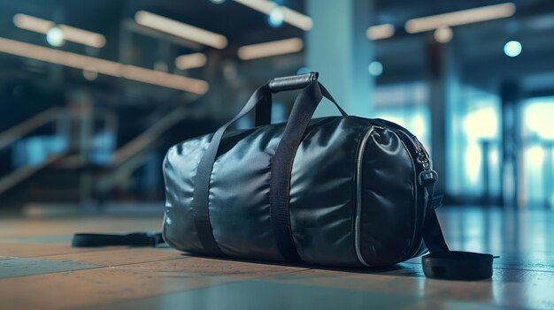 Bolsa de gimnasio elegante en el piso del gimnasio lista para el entrenamiento físico