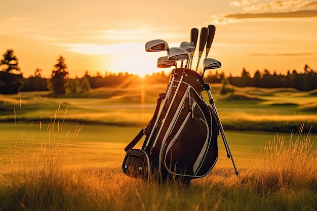 Foto bolsa de golf en el campo de golf al atardecer