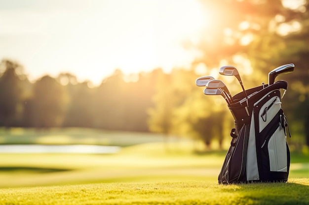 Foto una bolsa de golf con palos en un campo al atardecer con una cálida luz dorada que arroja largas sombras