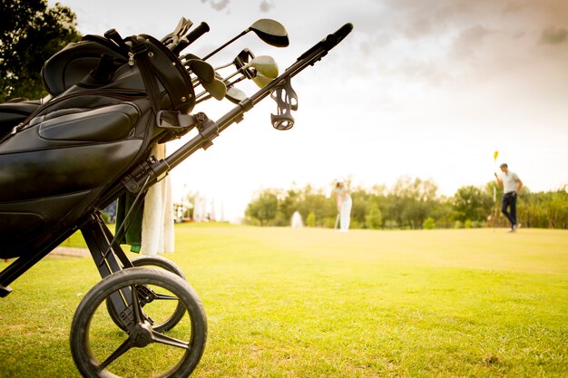 Bolsa de golf con palos en el campo verde