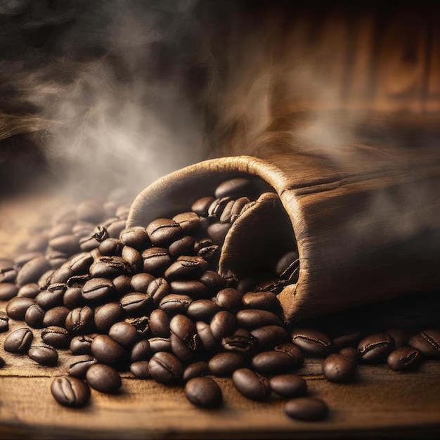 Una bolsa de granos de café está llena de vapor y la palabra café está sobre una superficie de madera.