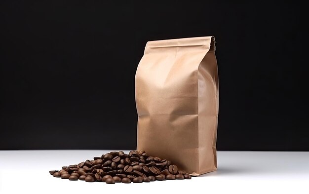 Una bolsa de granos de café está sobre una mesa con un fondo negro.