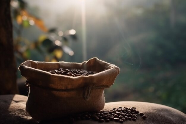 Foto bolsa de granos de café recién tostados sobre fondo natural creado con ia generativa