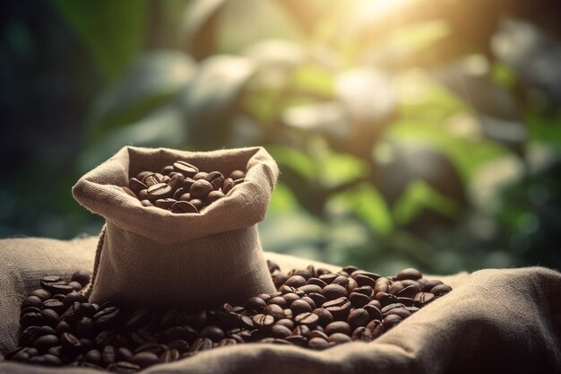 Bolsa de granos de café recién tostados sobre fondo natural creado con IA generativa