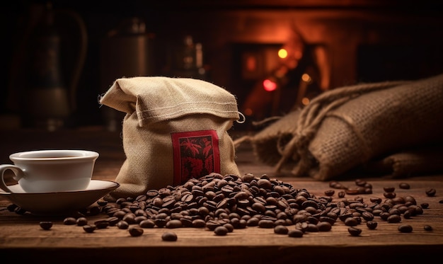 una bolsa de granos de café se sienta en una mesa al lado de una bolsa de granos de café