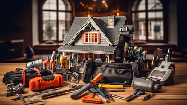 Foto bolsa de herramientas profesionales con una variedad de herramientas de mano en un banco de trabajo de madera