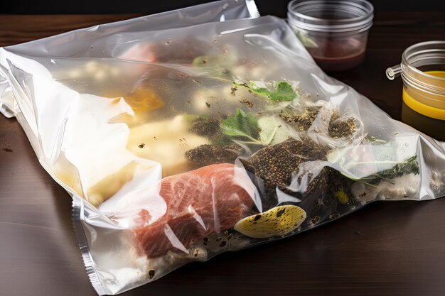 Bolsa de horno sousvide llena de ingredientes y lista para cocinar creada con ai generativo