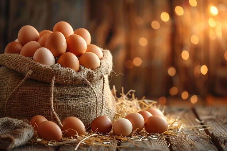 Una bolsa de huevos frescos está en la mesa rodeada de alta calidad alta resolución