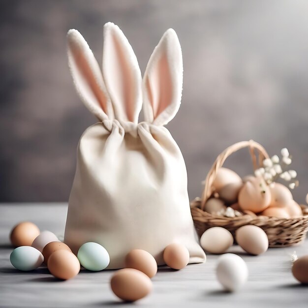 una bolsa de huevos con orejas de conejo y un conejo en ella