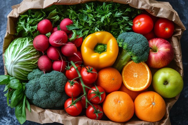 Foto una bolsa de kraft con verduras y frutas sobre un fondo negro entrega de alimentos