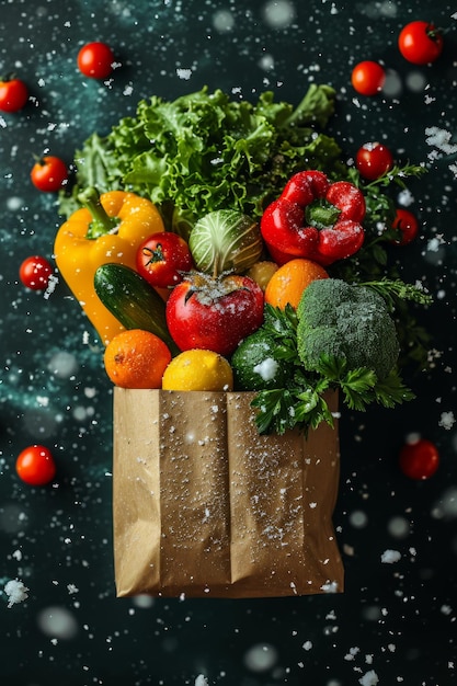 Foto una bolsa de kraft con verduras y frutas sobre un fondo negro entrega de alimentos