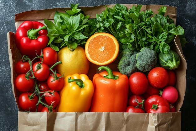 Foto una bolsa de kraft con verduras y frutas sobre un fondo negro entrega de alimentos