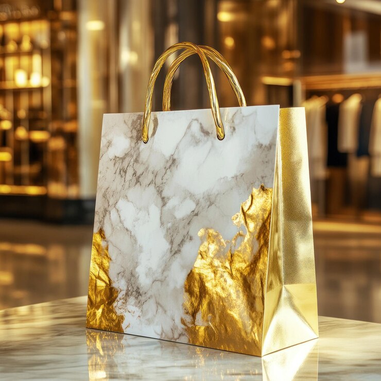 una bolsa con una lámina de oro en ella se sienta en una mesa de mármol