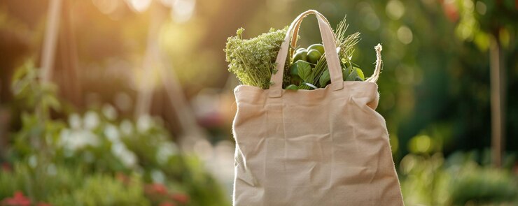 Bolsa de lona reutilizable llena de verduras verdes en un día soleado