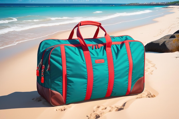 Una bolsa de lona verde y roja se encuentra en una playa.