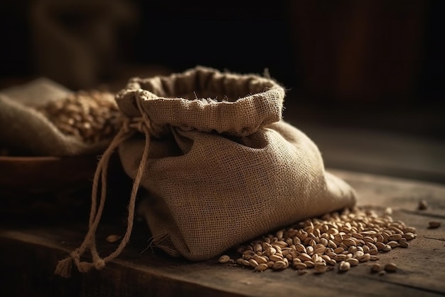 Una bolsa de maní se sienta en una mesa con un montón de granos en el fondo.