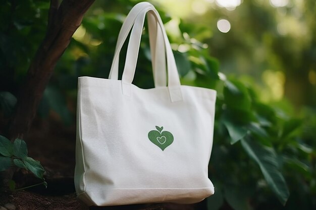 Una bolsa de mano blanca con un corazón verde cuelga de un árbol.