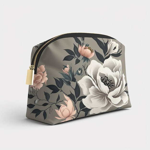 Una bolsa de maquillaje con un diseño floral.