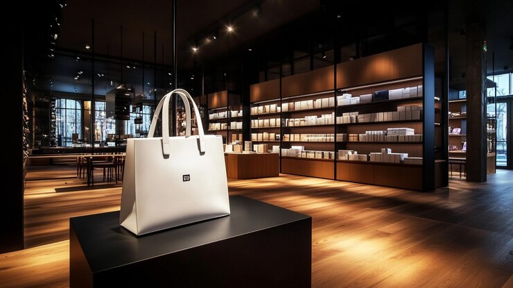 Bolsa moderna de cuero blanco en el interior de una tienda minorista minimalista