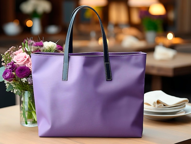 Bolsa morada con flores sobre la mesa de una cafetería Enfoque selectivo IA generativa